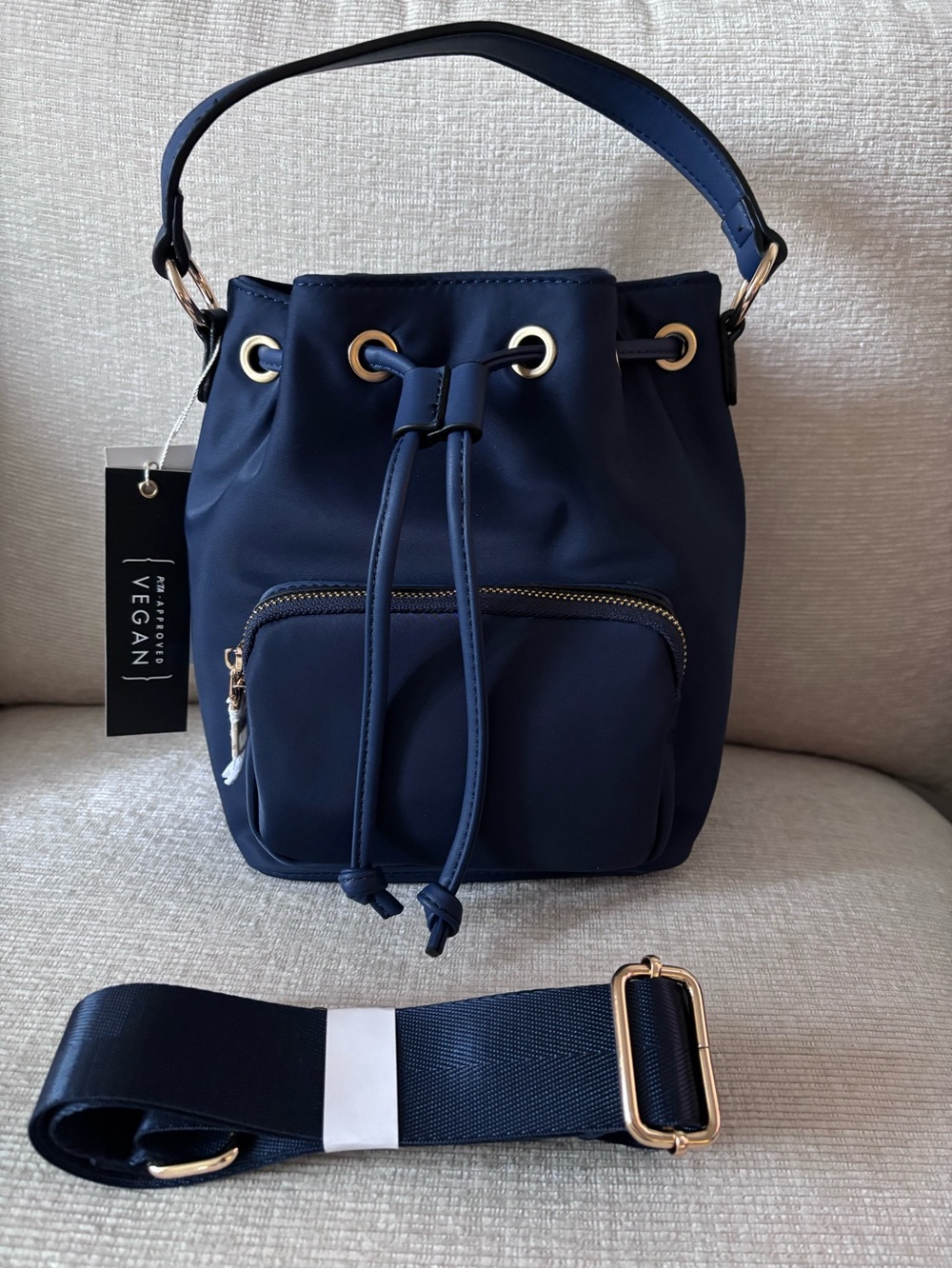 Isabelle Vegan Navy Blue Drawstring Mini Bucket Bag Magnetic Closure